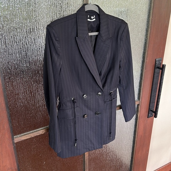 CO Blazer Jacket Black Pinstripe Wool Blend Tie Waist Pockets Size L - Picture 6 of 11
